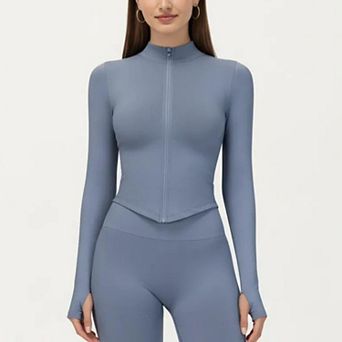 Women's Long Sleeve Zip Front Fitted Active Top with High Neck and Thumbhole Cuffs