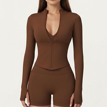 Women's Long Sleeve Zip Front Fitted Active Top with High Neck and Thumbhole Cuffs