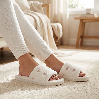 Women’s Plush Slide House Slippers with Embroidered Bow Detail and Soft Cushioned Footbed