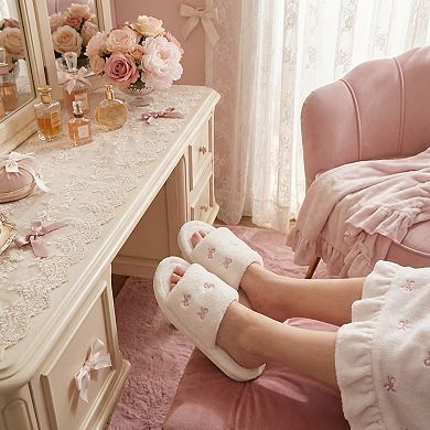 Women’s Plush Slide House Slippers with Embroidered Bow Detail and Soft Cushioned Footbed