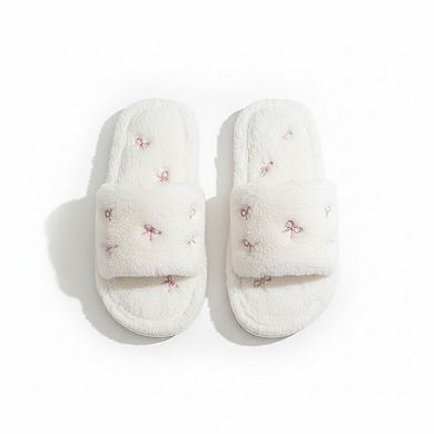 Women’s Plush Slide House Slippers with Embroidered Bow Detail and Soft Cushioned Footbed