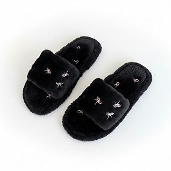 Women’s Plush Slide House Slippers with Embroidered Bow Detail and Soft Cushioned Footbed