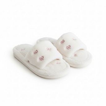 Women’s Plush Slide House Slippers with Embroidered Bow Detail and Soft Cushioned Footbed