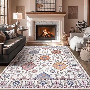 Washable Vintage Floral Area Rug, Non-Slip Carpet for Living Room & Bedroom