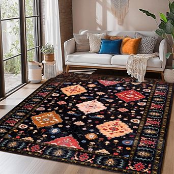Washable Vintage Floral Area Rug, Non-Slip Carpet for Living Room & Bedroom