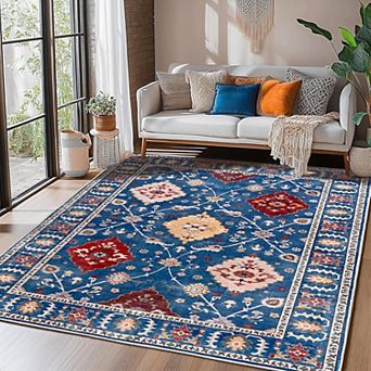 Washable Vintage Floral Area Rug, Non-Slip Carpet for Living Room & Bedroom