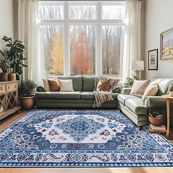Washable Vintage Floral Area Rug, Non-Slip Carpet for Living Room & Bedroom