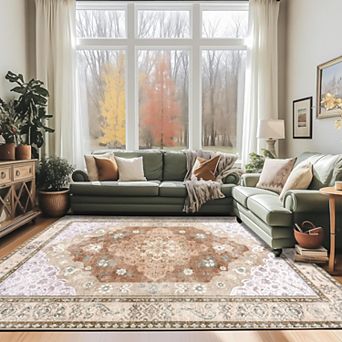 Washable Vintage Floral Area Rug, Non-Slip Carpet for Living Room & Bedroom