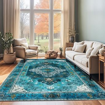 Washable Vintage Floral Area Rug, Non-Slip Carpet for Living Room & Bedroom