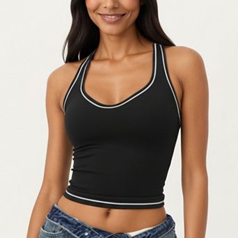 Women's Sleeveless Fitted Active Tank with Scoop Neck Contrast Trim and Smooth Stretch Fabric