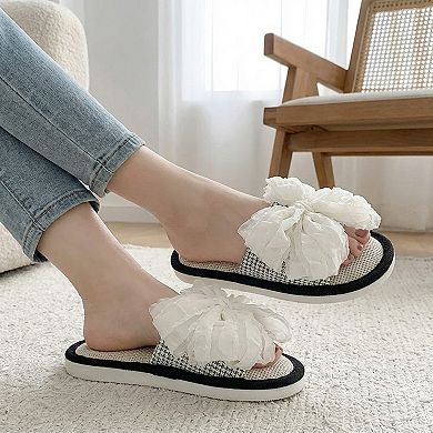Women’s Open Toe Slide House Slippers with Sheer Bow Upper and Textured Footbed
