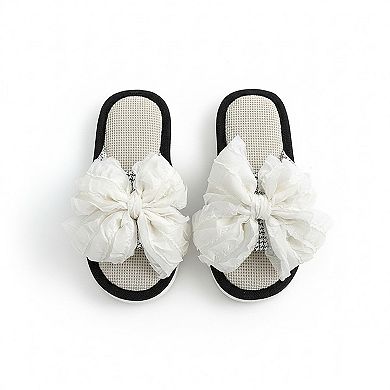 Women’s Open Toe Slide House Slippers with Sheer Bow Upper and Textured Footbed