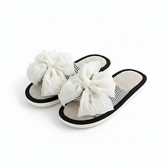 Women’s Open Toe Slide House Slippers with Sheer Bow Upper and Textured Footbed