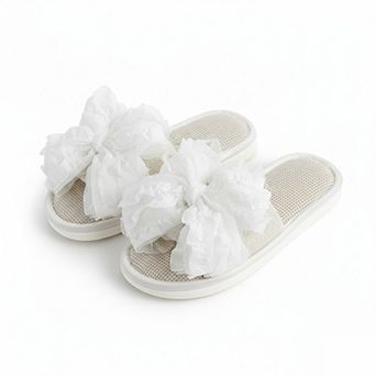 Women’s Open Toe Slide House Slippers with Sheer Bow Upper and Textured Footbed