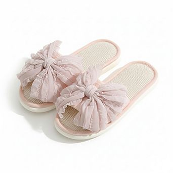 Women’s Open Toe Slide House Slippers with Sheer Bow Upper and Textured Footbed