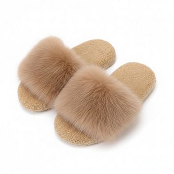 Women’s Plush Slide House Slippers with Oversized Faux Fur Upper and Soft Cushioned Footbed