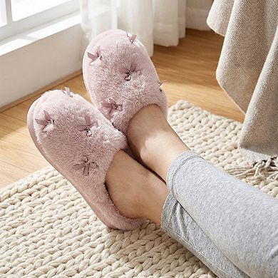 Women’s Plush Closed Toe Slide House Slippers with Mini Bow Accents and Cushioned Sole