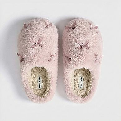 Women’s Plush Closed Toe Slide House Slippers with Mini Bow Accents and Cushioned Sole