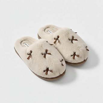 Women’s Plush Closed Toe Slide House Slippers with Mini Bow Accents and Cushioned Sole