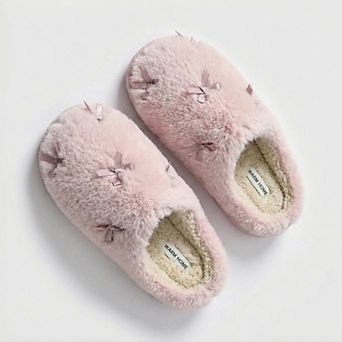 Women’s Plush Closed Toe Slide House Slippers with Mini Bow Accents and Cushioned Sole
