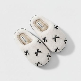 Women’s Plush Closed Toe Slide House Slippers with Mini Bow Accents and Cushioned Sole