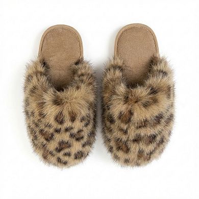Women’s Plush Leopard Print Faux Fur Mule Slippers with Cushioned Footbed