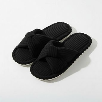 Women’s Ribbed Crisscross Slide House Slippers with Textured Knit Upper and Cushioned Footbed