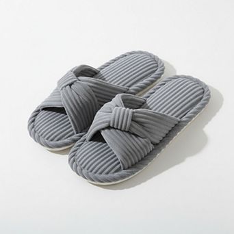 Women’s Ribbed Crisscross Slide House Slippers with Textured Knit Upper and Cushioned Footbed