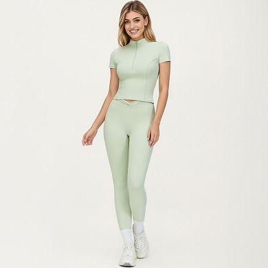 Women's Short Sleeve Zip Front Fitted Active Top with Mock Neck and Ribbed Stretch Fabric