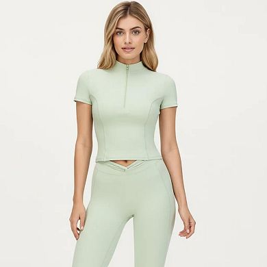 Women's Short Sleeve Zip Front Fitted Active Top with Mock Neck and Ribbed Stretch Fabric