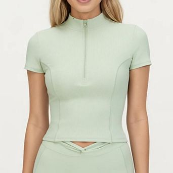 Women's Short Sleeve Zip Front Fitted Active Top with Mock Neck and Ribbed Stretch Fabric