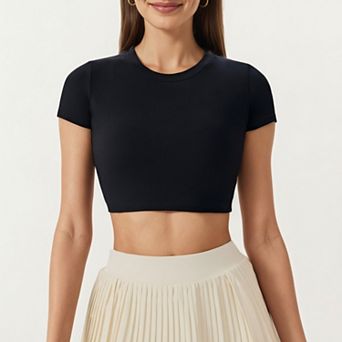 Women's Short Sleeve Cropped Top with Open Back Cutout and Stretch Fit