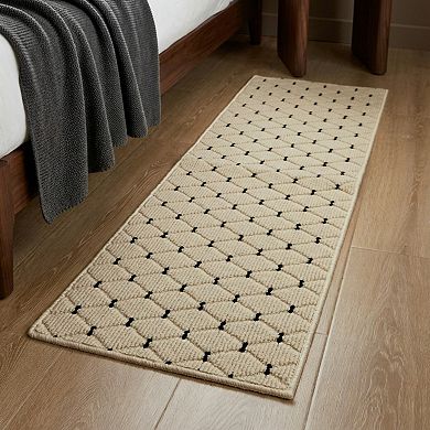 Neutral Diamond Pattern Woven Runner Rug Low Profile Bedroom Floor Runner