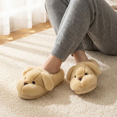Women’s Plush Dog Mule House Slippers with Soft Sculpted Face and Cushioned Sole