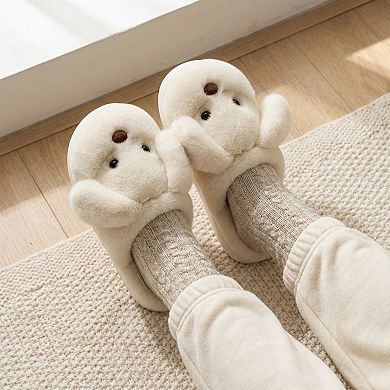 Women’s Plush Dog Mule House Slippers with Soft Sculpted Face and Cushioned Sole