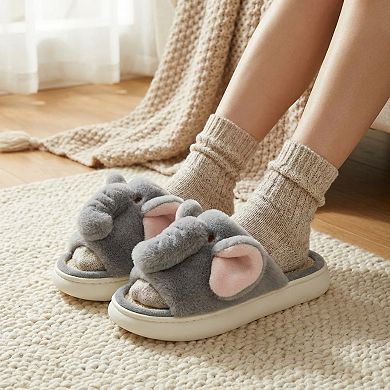 Women’s Plush Animal Slide House Slippers with Elephant Design and Soft Cushioned Footbed