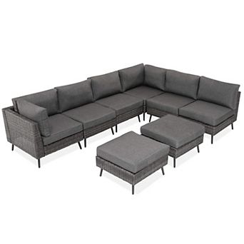 PATIOEASY Shrinking pin rattan eight-piece set grey patio sectional Thick Cushions for Garden