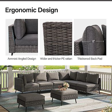 PATIOEASY Shrinking pin rattan eight-piece set grey patio sectional Thick Cushions for Garden