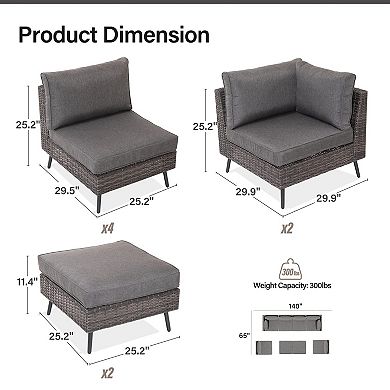 PATIOEASY Shrinking pin rattan eight-piece set grey patio sectional Thick Cushions for Garden