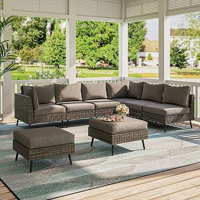 PATIOEASY Shrinking pin rattan eight-piece set grey patio sectional Thick Cushions for Garden