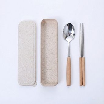 Portable Flatware 3 pc Set with Spoon Chopsticks and Slim Travel Storage Case