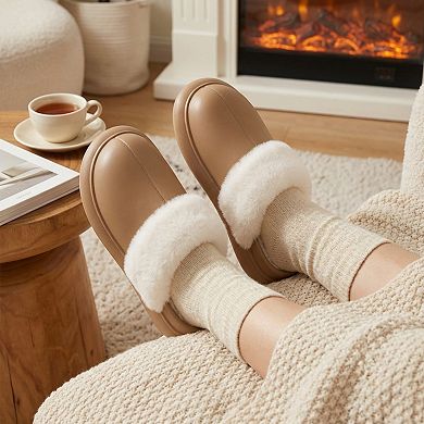 Women’s Closed Toe Mule House Slippers with Smooth Upper and Plush Faux Shearling Trim
