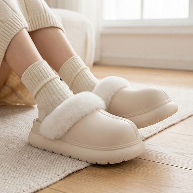 Women’s Closed Toe Mule House Slippers with Smooth Upper and Plush Faux Shearling Trim
