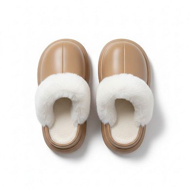 Women’s Closed Toe Mule House Slippers with Smooth Upper and Plush Faux Shearling Trim