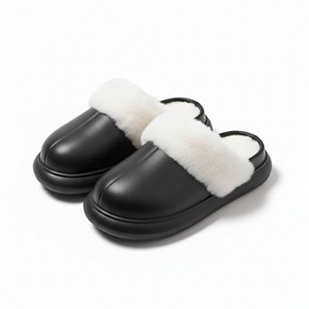 Women’s Closed Toe Mule House Slippers with Smooth Upper and Plush Faux Shearling Trim
