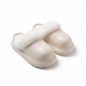Women’s Closed Toe Mule House Slippers with Smooth Upper and Plush Faux Shearling Trim