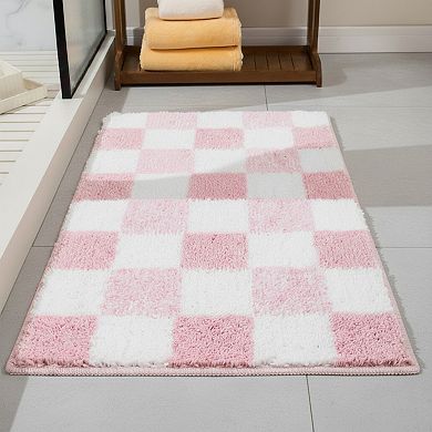 Plush Absorbent Bathroom Floor Mat with Grid Pattern Soft Textured Bath Rug