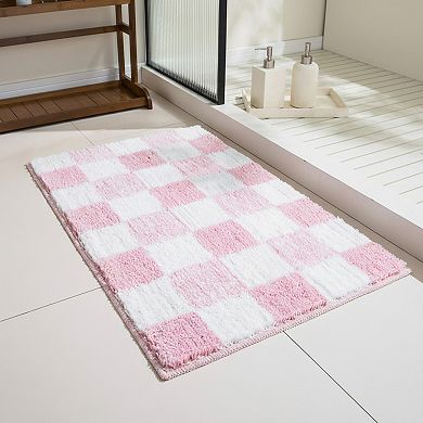 Plush Absorbent Bathroom Floor Mat with Grid Pattern Soft Textured Bath Rug
