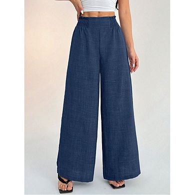 Womens Elastic High Waisted Palazzo Pants Casual Wide Leg Long Lounge Pant Trousers with Pocket