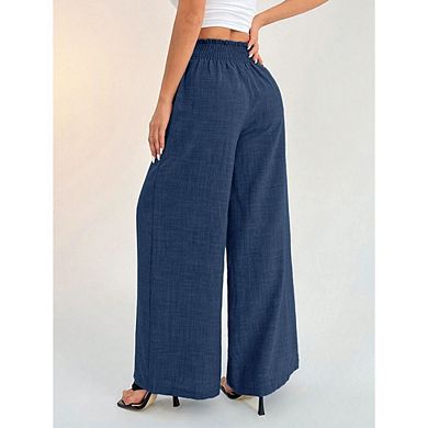 Womens Elastic High Waisted Palazzo Pants Casual Wide Leg Long Lounge Pant Trousers with Pocket